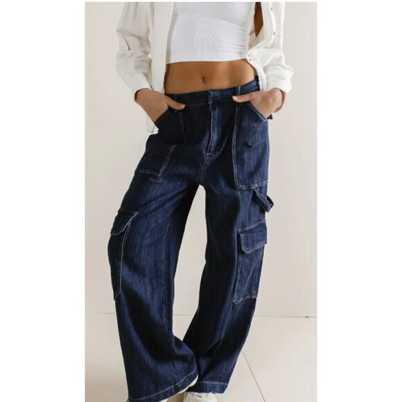 bohme Denim - Bohme Sara Cargo Jeans Dark Wash High Rise Straight Leg Jeans Women Sz L